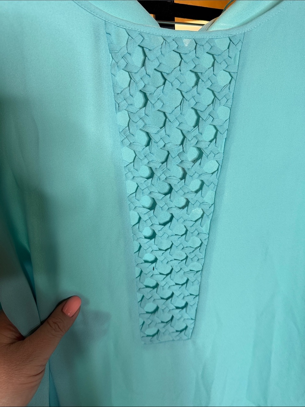 Chaus New York Aqua Blue Textured Front Blouse Small 3/4 Sleeve - Picture 4 of 9